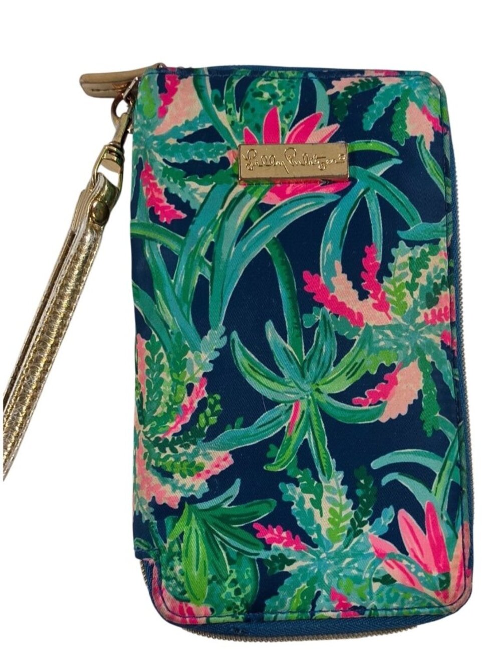 LILLY PULITZER ZIP AROUND WALLET WRISTLET TIKI PALM OYSTER BAY NAVY PHONE